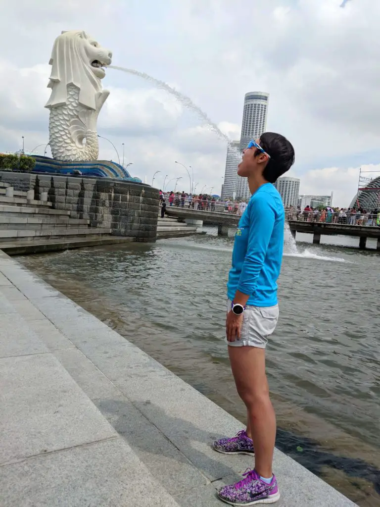 Singapore has many merlion statues around the city. One of the popular poses is trying to capture the water from the merlion's mouth to your mouth.