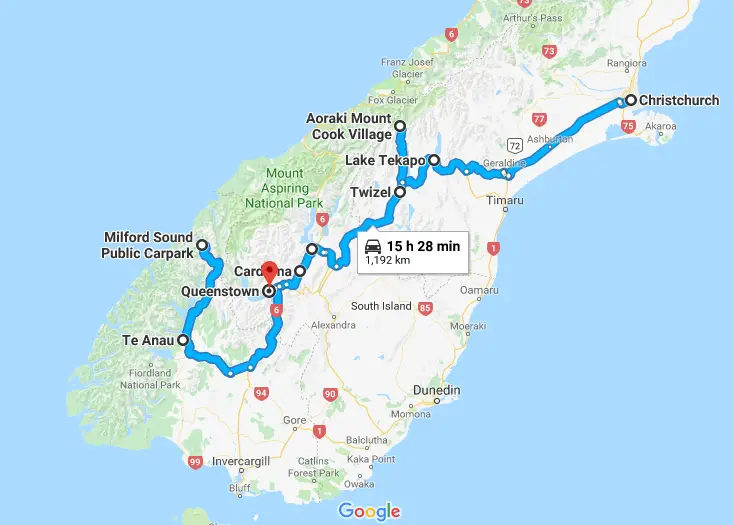 Detailed Map: Driving Road Map Of South Island New Zealand