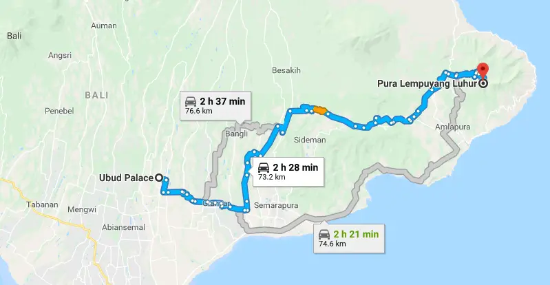 Map from Ubud to Pura Lempuyang, Bali