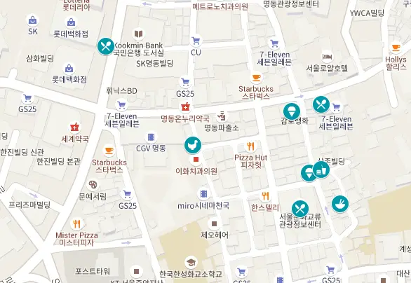 Map of the best restaurants in Myeongdong, Seoul, South Korea 
