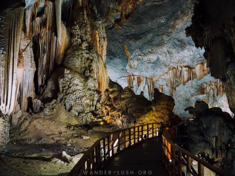 Walk inside Phong Nha-Ke Bang National Park's caves to see the karst landscapes and stalactites.