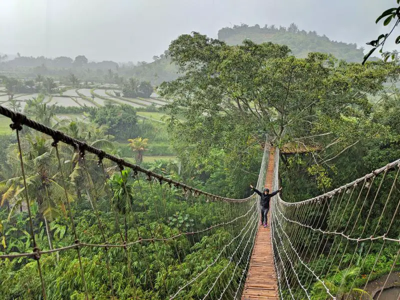 We're standing on a long suspension bridge at Bukit Lemped. The bridge overlooks a rice field and a river underneath. It's one of the fun activities to do when you're in East Bali.