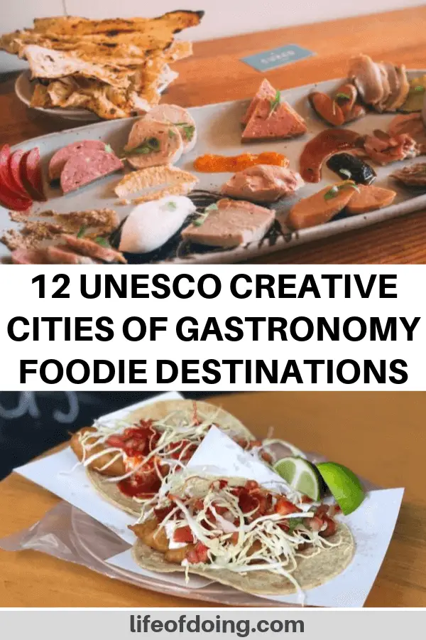We're sharing the top UNESCO Creative Cities of Gastronomy food destinations to visit. Top photo is charcuterie platter in San Antonio, Texas and the bottom photo is a tacos in Ensenada, Mexico