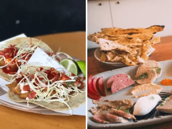 UNESCO Creative Cities of Gastronomy cities - Left photo is of tacos in Ensenada, Mexico and the right photo is a charcuterie platter in San Antonio, Texas.