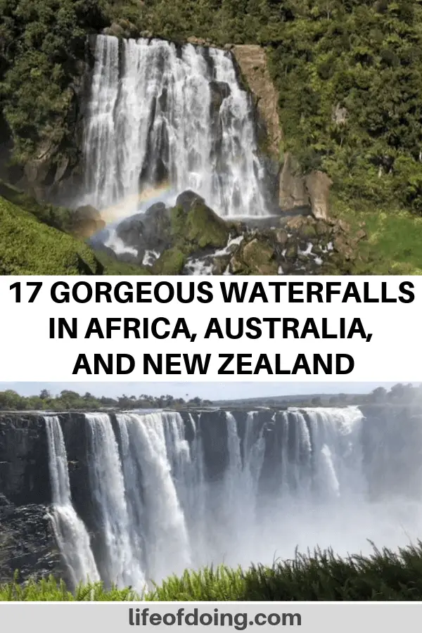 Waterfalls in Africa, waterfalls in Australia, and waterfalls in New Zealand. Photos from top to bottom: Marokopa Falls in New Zealand and Victoria Falls in Zimbabwe