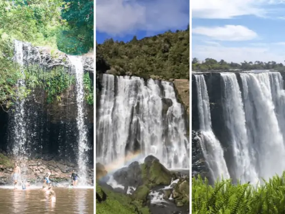 Best waterfalls in Africa, waterfalls in Australia, waterfalls in New Zealand. Photos from left to right: Killen Falls in Australia, Marokopa Falls in New Zealand, and Victoria Falls in Zimbabwe.