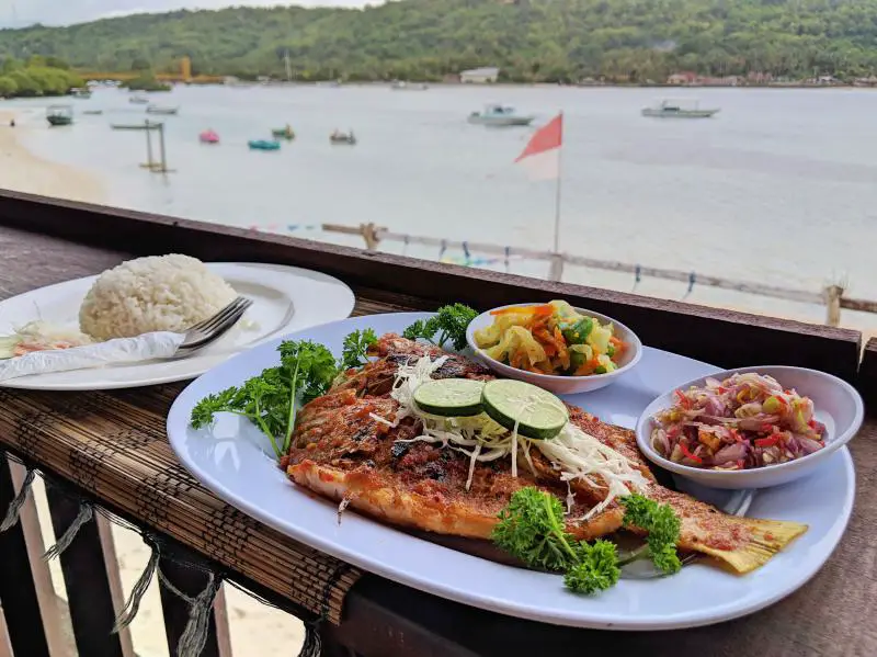 Enjoying fish and rice with a view of the water from Seaweed Seafood and Grill, a top restaurant in Nusa Lembongan.