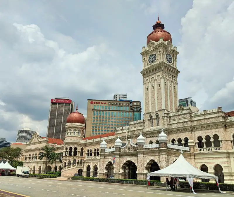 Sultan Abdul Samad Building with tents set up for an event in Kuala Lumpur, Malaysia.