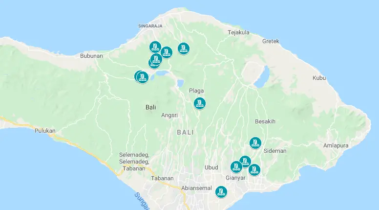 Map of the best waterfalls in Bali, Indonesia