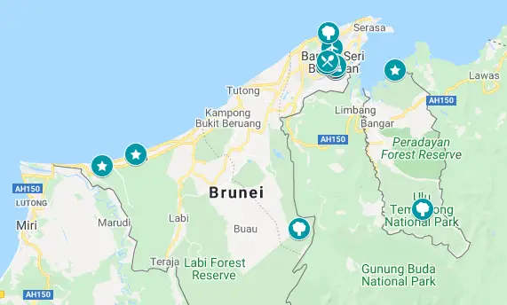 Map of the top places to visit on your Brunei layover.