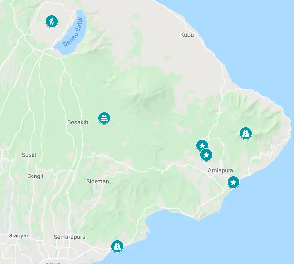 Map of the top things to do in East Bali, Indonesia