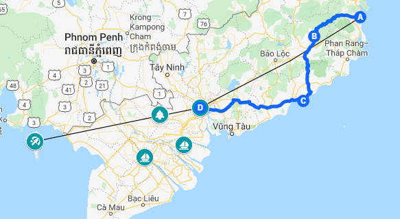 Map of South Vietnam itinerary in 2 weeks.