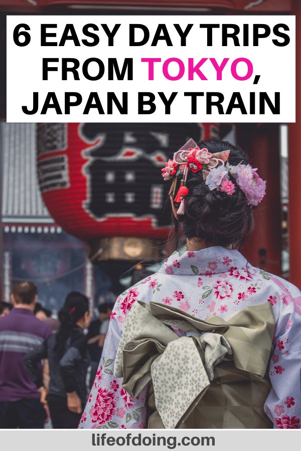 In this post, we're sharing 6 fabulous day trips from Tokyo, Japan that anyone can get there by train. The photo is of a woman wearing a kimono at a shrine, which is a popular thing to do in Japan.