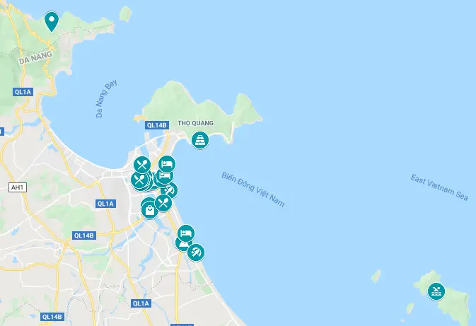 Map of the locations of the places to visit in Danang on our 3 days in Danang itinerary.