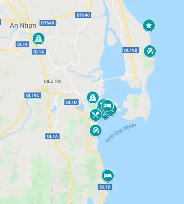 Map of the top attractions in Quy Nhon, Vietnam to visit.