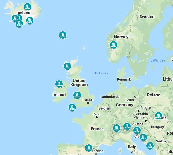 This is a map of the locations of the most beautiful waterfalls in Europe.