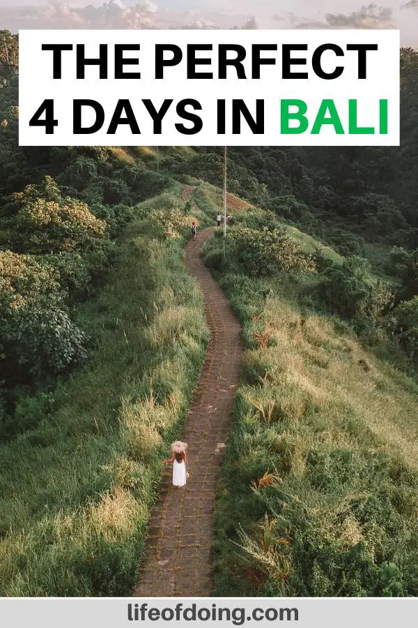 This 4 days in Bali itinerary has insider tips on what to do in Bali, how to get around, and what to eat. You'll love sites such as the Campuhan Ridge Trail in Ubud area.