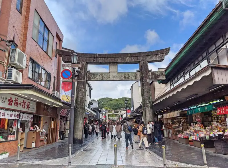 On your Dazaifu day trip, you'll enter the torii gates which starts the Tenjinsama Shopping Street.
