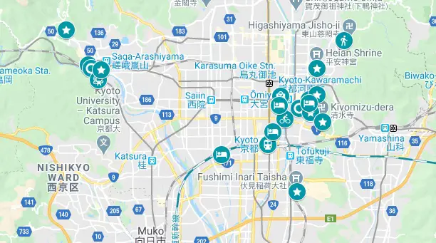 Map of the top things to do in Kyoto in 5 days