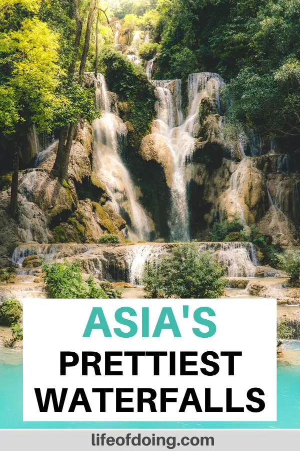 A cascading waterfall in Asia that leads to a pool of turqouoise waters