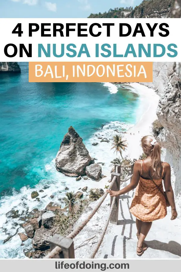 A woman in an orange dress walks along the stairways overlooking the Diamon Beach in Nusa Penida, Indonesia. You'll need at least 4 days to spend on Nusa Islands.