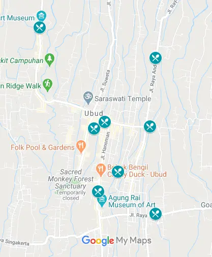 Map of the places to eat in Ubud area of Bali, Indonesia