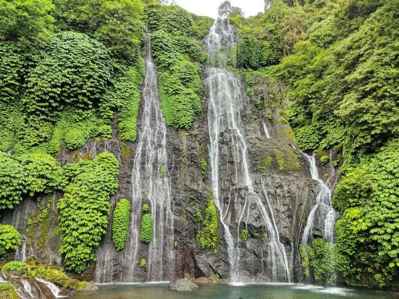 Landscape view of the Banyumala Twin Waterfalls with the water cascades in Bali, Indonesia
