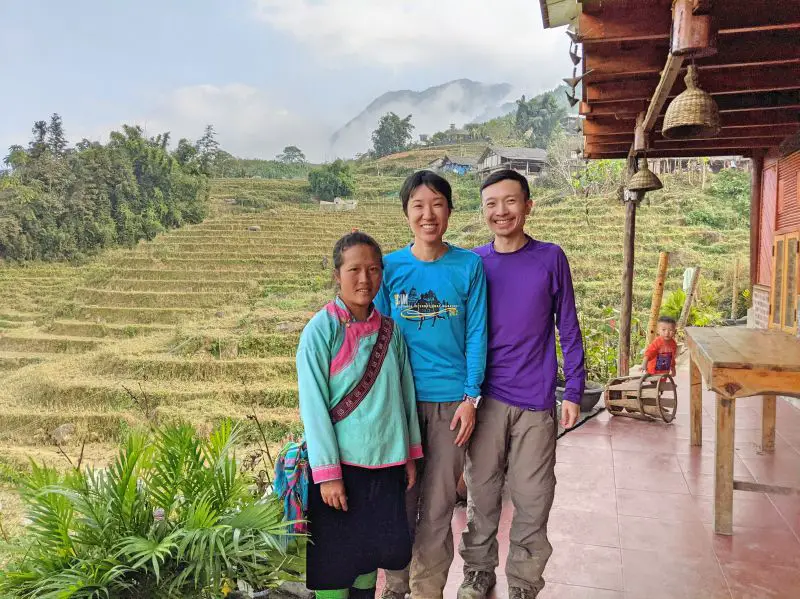 Jackie Szeto and Justin Huynh, Life Of Doing, with Zal from Zaazaa Trekking in front of the rice fields