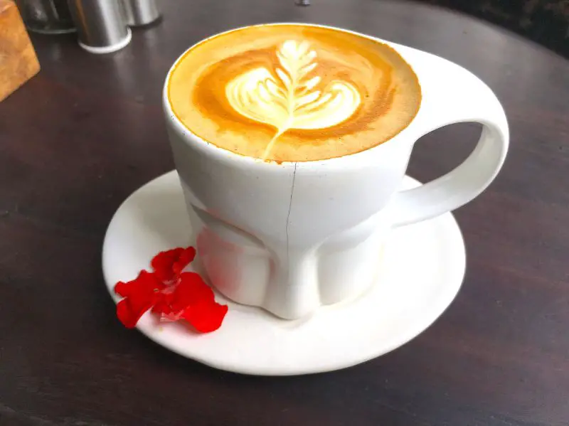 A mug of coffee with a leaf latte artwork at Mudra Cafe in Bali