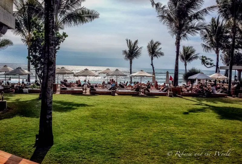 Lounge chairs and seats by the beach at Potato Head Beach Club in Bali, Indonesia