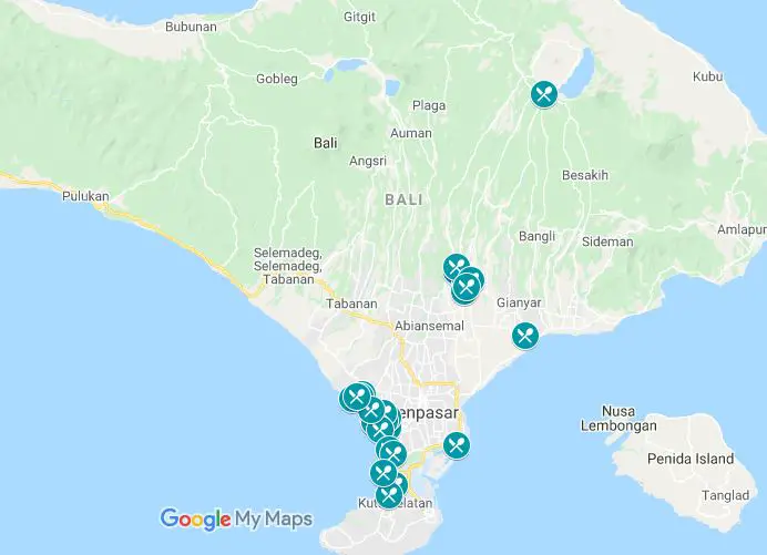 Map of the places to eat in Bali, Indonesia