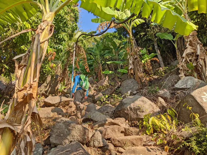 Justin Huynh, Life Of Doing, walk up the rocky Ba Den hiking trail with banana trees surrounding the area.