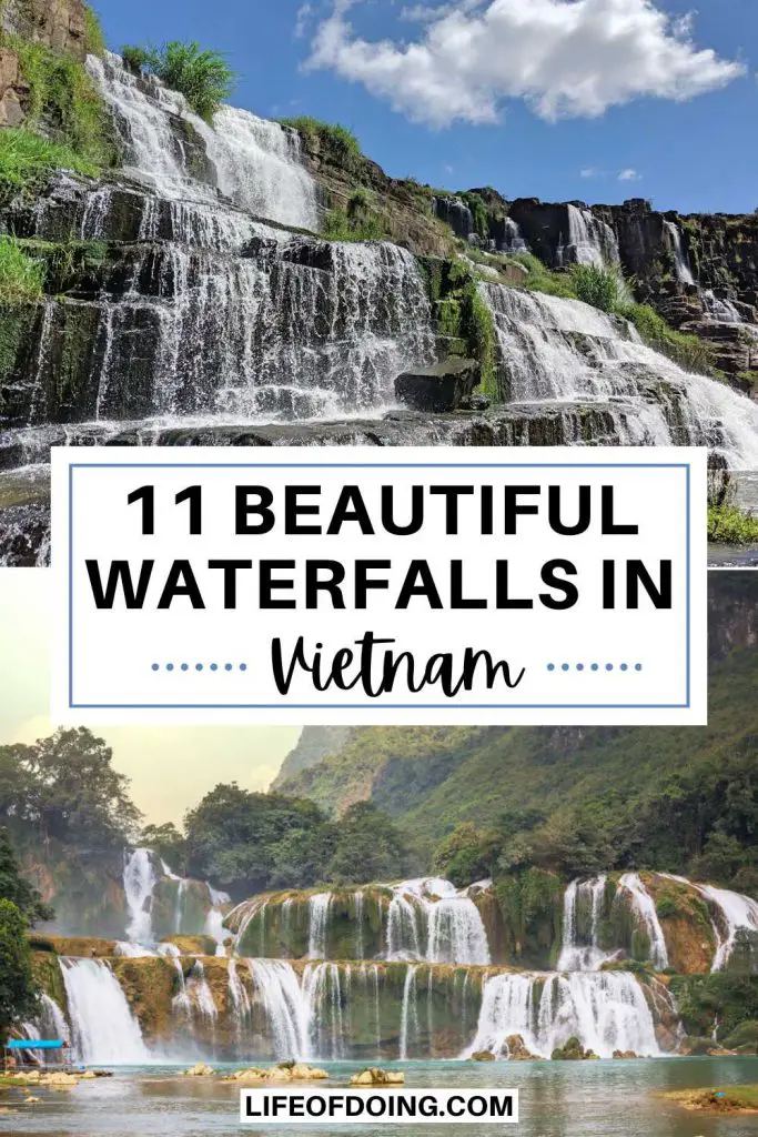 Two photos of multi-tiered waterfalls (Pongour Waterfall and Ban Gio Waterfall) in Vietnam