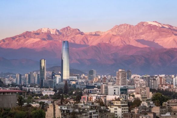Santiago-Chile-1-Day Aerial view of Santiago, Chile's highrises and the mountains during the sunset