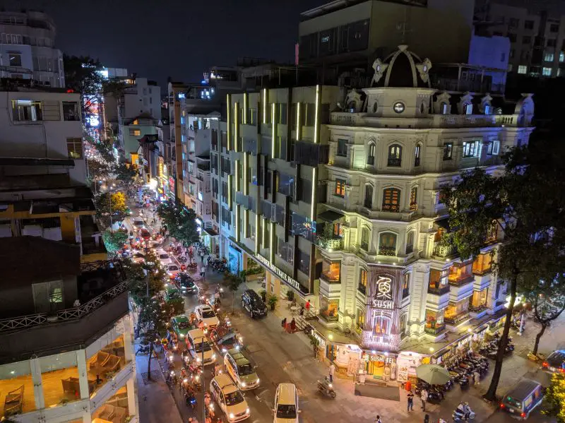 Aerial view of the evening traffic on Ly Tu Trong and Truong Dinh Truong Dinh in Ho Chi Minh City, Vietnam