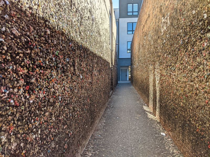 An alley with bubble gums on the wall at Bubblegum Alley in San Luis Obispo, California