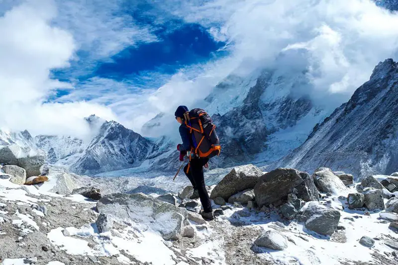 A hiker on the snowy mountains heading to Everest Base Camp in Nepal