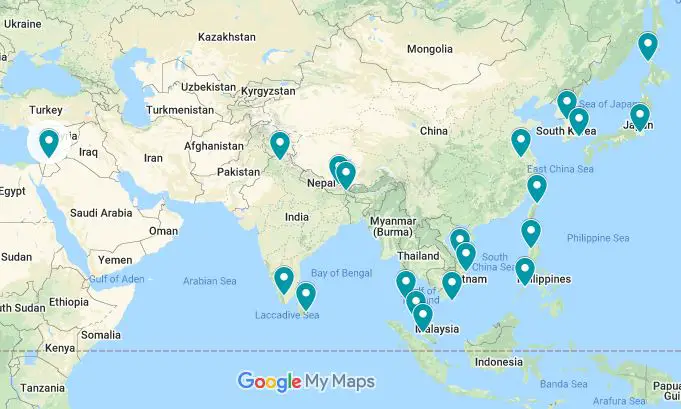 Map of the best spring break destinations in Asia