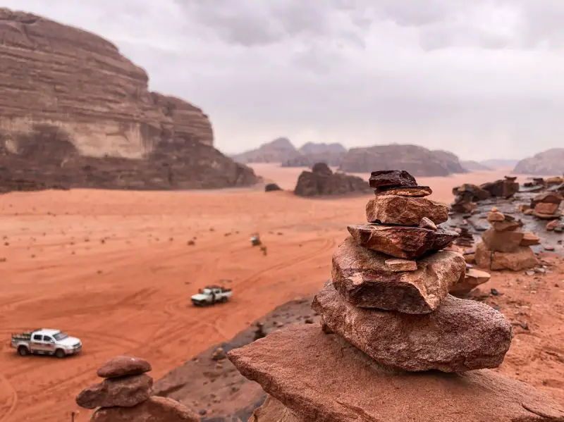 Rocks stacked on top of each other in the Wadi Rum desert area in Jordan