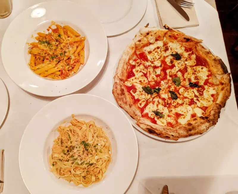 Salmon pasta, Margherita pizza, and spicy penne at Primavera Italian Restaurant in Dalat, Vietnam