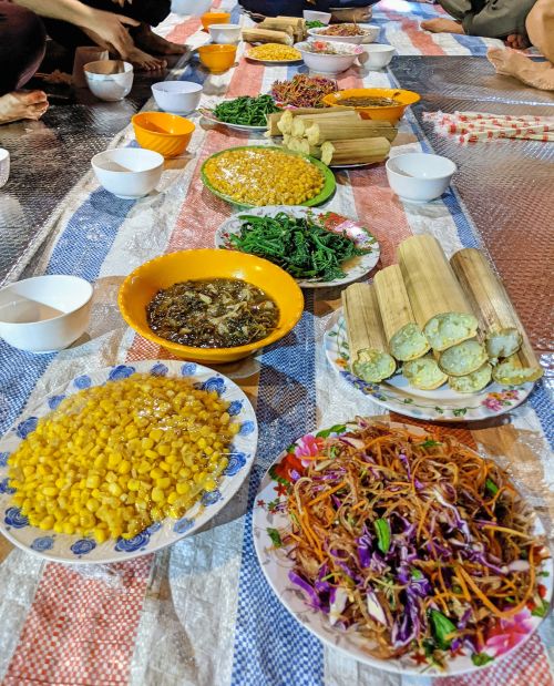 Vegan dinner at the Bu Gia Map National Park camping area with banana blossom salad, corn, sticky rice, veggies, and soup