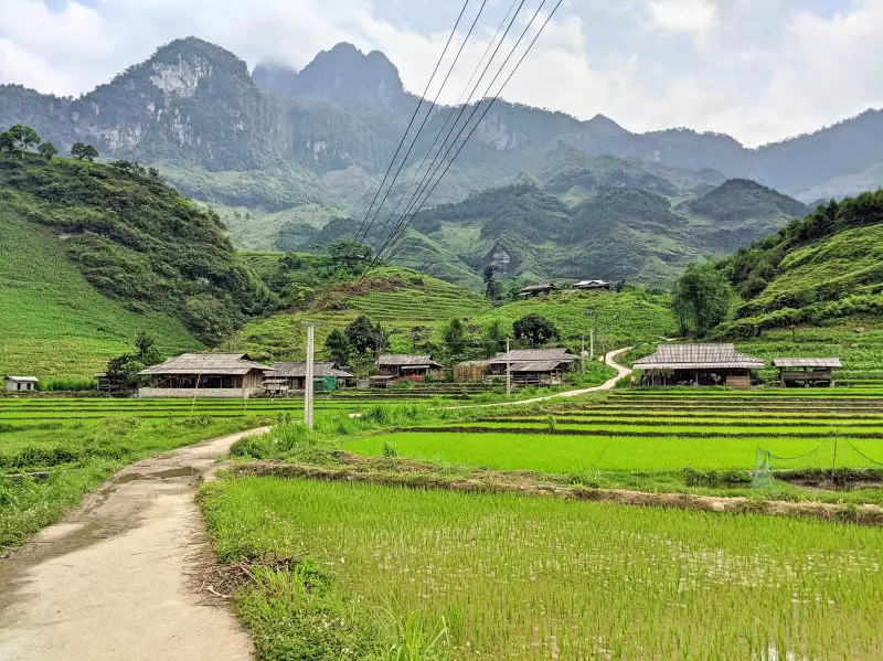 Green rice fields and mountains in Du Gia Commune, Ha Giang, Vietnam