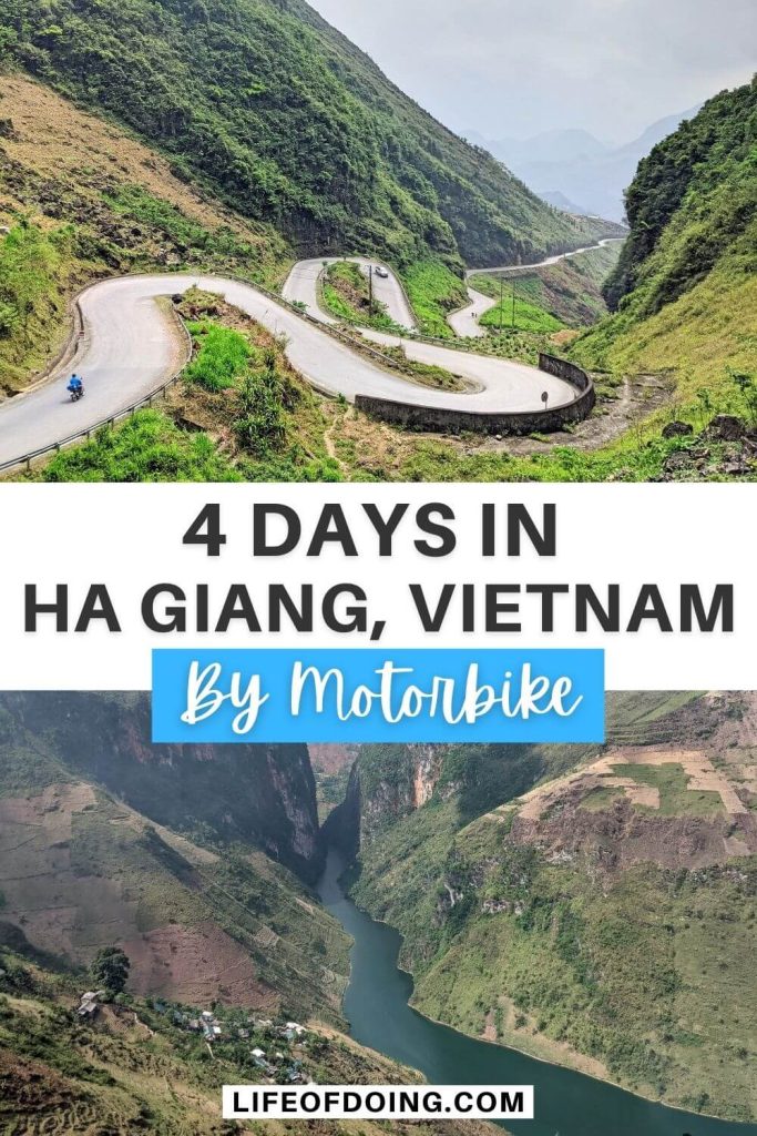 Photo on top has a windy road that looks like a snake. Bottom photo is a turquoise river in Ha Giang, Vietnam