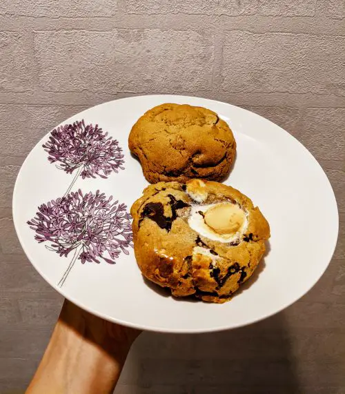 Two cookies on a plate. One Smore with marshmellow and one chocolate chip cookie