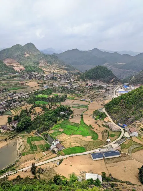 View of Lung Cu Commune of fields and mountains from the Lung Cu Flag Pole in Ha Giang, Vietnam
