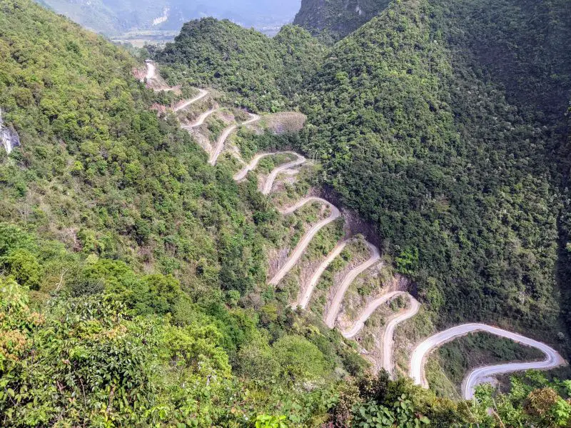 Aerial view of Me Pia Pass which has 14 hairpin turns and curves along a mountain in Cao Bang, Vietnam