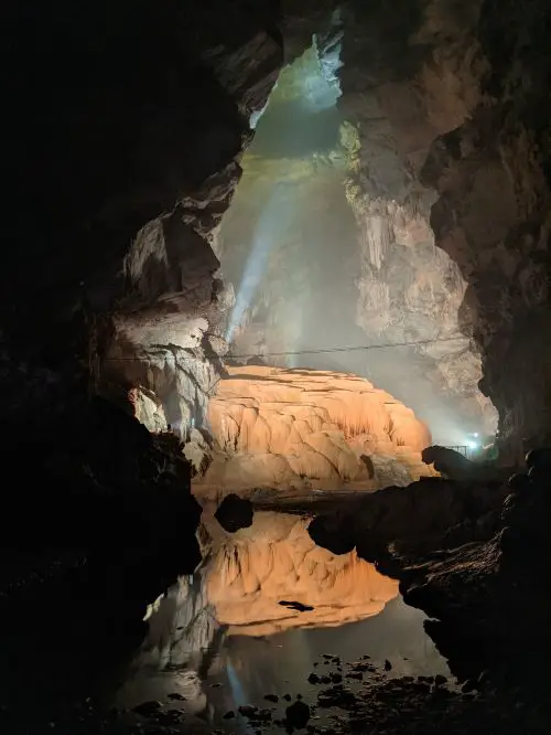 Reflection of inside a limestone cave of Nguom Ngao Cave in Cao Bang, Vietnam