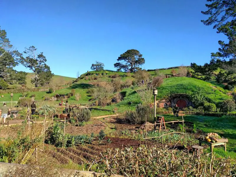 Garden and the rolling green hills at the Hobbiton Movie Set, Matamata, New Zealand