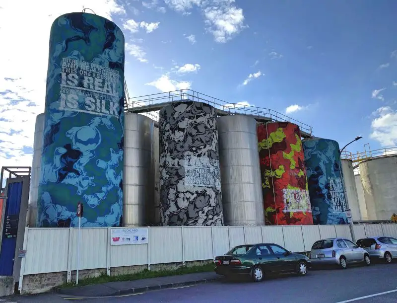 Colorful artwork on the silos at Silo Park, Auckland, New Zealand