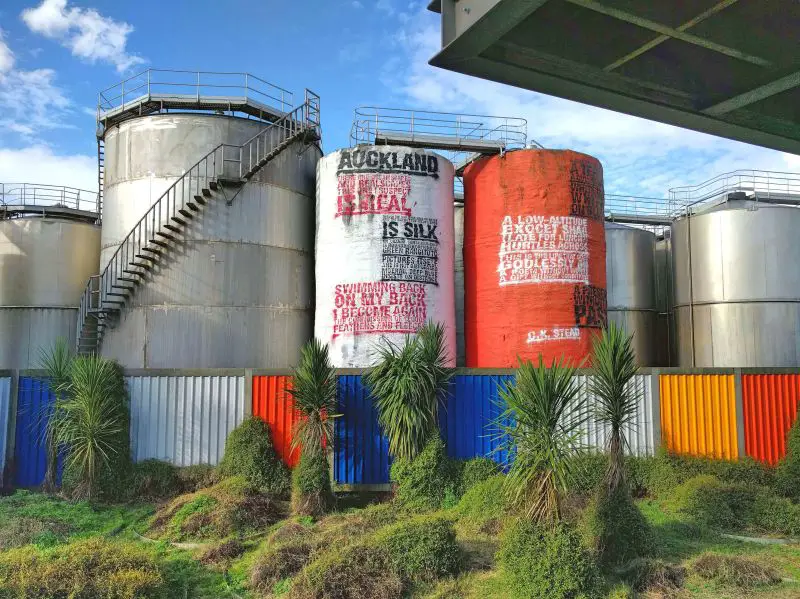 Colorful silos with painted messages at Silo Park, Auckland, New Zealand